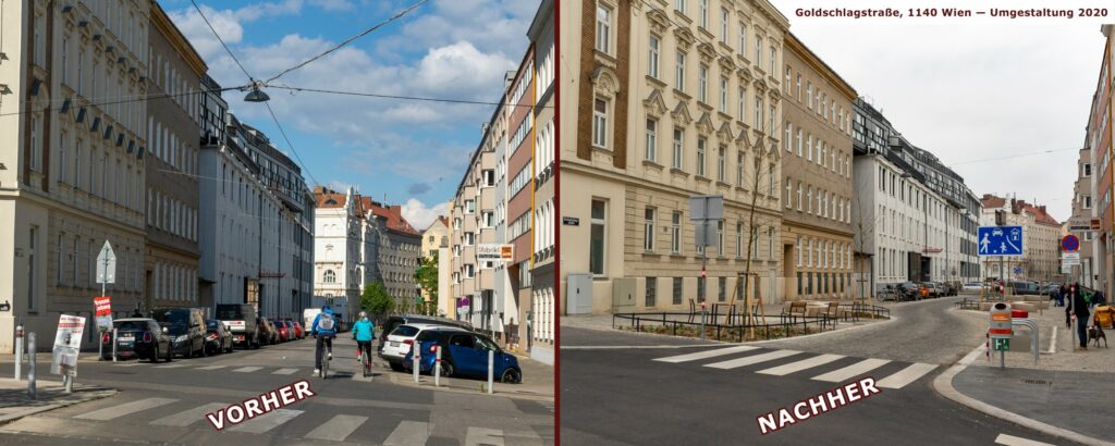 Goldschlagstraße in Wien-Penzing, vor und nach der Umgestaltung, zwischen Matznergasse und Missindorfstraße, Coole Straße