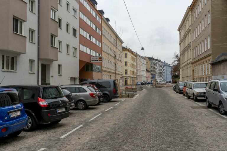 Goldschlagstraße in Wien-Penzing, Autos, Häuser, Pflasterung, junge Bäume