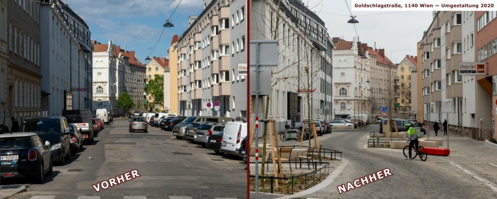 Goldschlagstraße in Wien-Penzing, vor und nach der Umgestaltung, zwischen Matznergasse und Missindorfstraße, Coole Straße