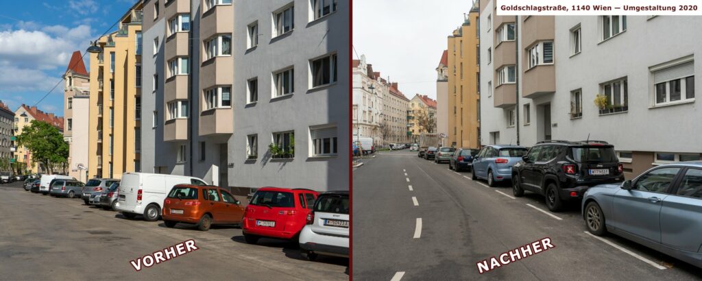 Goldschlagstraße in Wien-Penzing, vor und nach der Umgestaltung, zwischen Matznergasse und Missindorfstraße