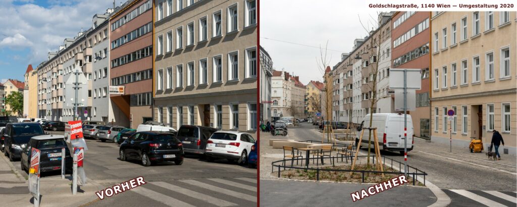 Goldschlagstraße in Wien-Penzing, vor und nach der Umgestaltung, zwischen Matznergasse und Missindorfstraße, Coole Straße