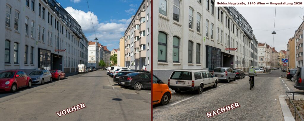 Goldschlagstraße in Wien-Penzing, vor und nach der Umgestaltung, zwischen Matznergasse und Missindorfstraße, Coole Straße