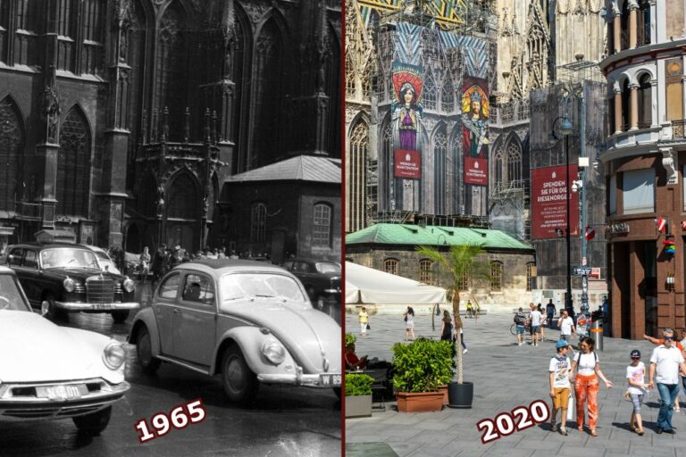 Stephansplatz mit Autos und mit Fußgängerzone, Wien