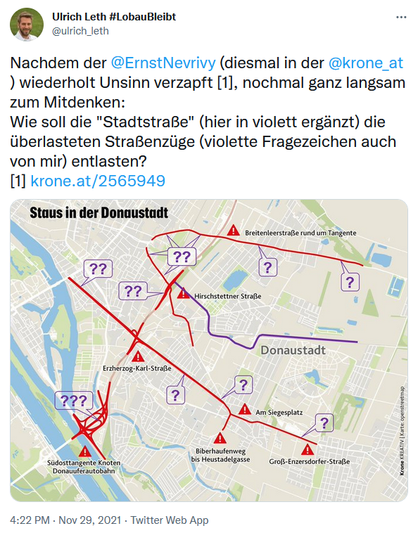 Verkehrsexperte Ulrich Leth (TU Wien) erklärt die fehlende Entlastungswirkung der Stadtstraße anhand einer Grafik der "Krone".