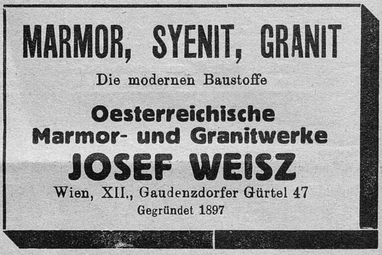 Zeitungsanzeige, Marmor, Syenit, Granit, Josef Weisz, Gaudenzdorfer Gürtel 47