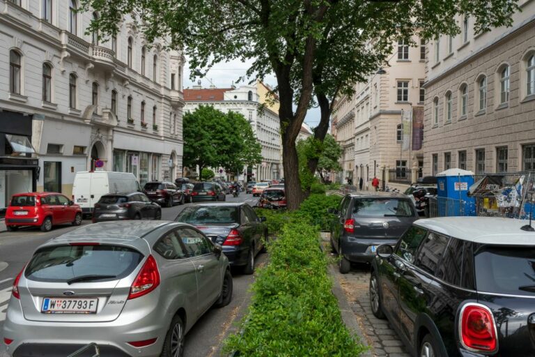 Burggasse, Schule, Notre Dame de Sion, Parkplätze, Bäume, Wien-Neubau