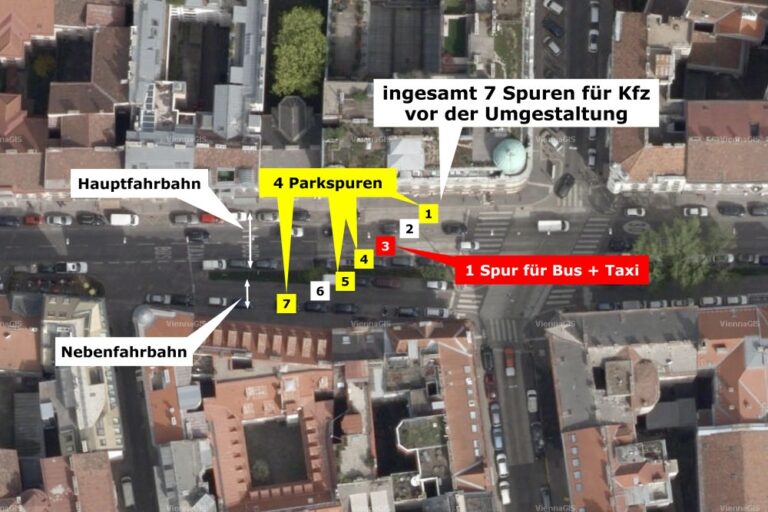 Luftbild von der Burggasse, heute Ruth-Klüger-Platz, 7 Spuren für Kfz vor der Umgestaltung (4 Parkspuren, 1 für Taxi/Bus, 2 Fahrspuren)