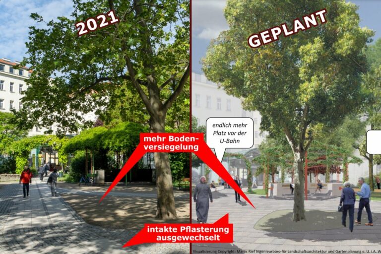 Kardinal-Nagl-Platz, Foto von 2021 und Visualisierung der geplanten Änderungen