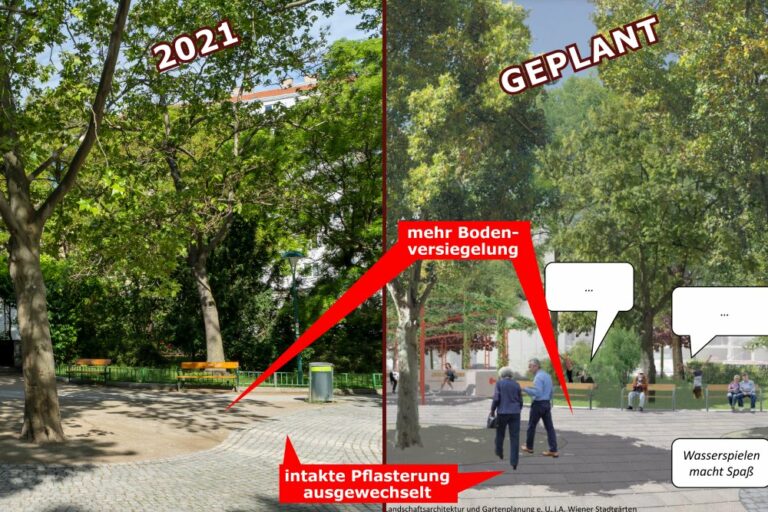 Kardinal-Nagl-Platz, Foto von 2021 und Visualisierung der geplanten Änderungen