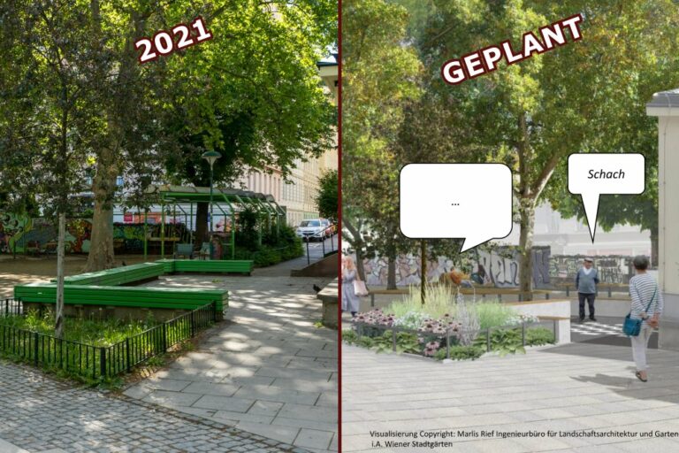 Kardinal-Nagl-Platz, Foto von 2021 und Visualisierung der geplanten Änderungen