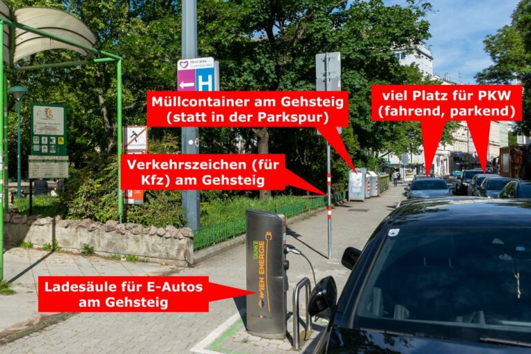 Gehsteig am Kardinal-Nagl-Platz; Ladesäule für E-Autos, Müllcontainer und Verkehrszeichen am Gehsteig; fahrende und parkende Autos