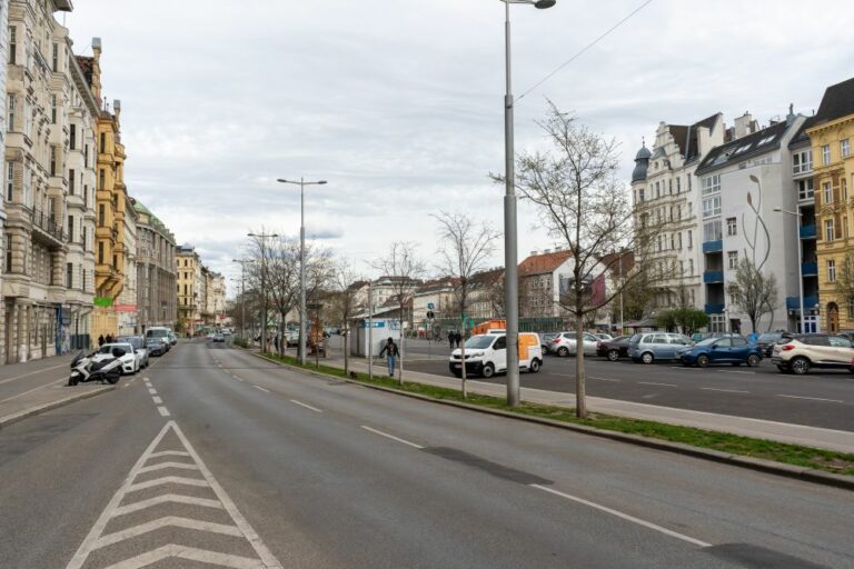 Linke Wienzeile, Fahrspuren, Autos, Bäume, Gründerzeithäuser