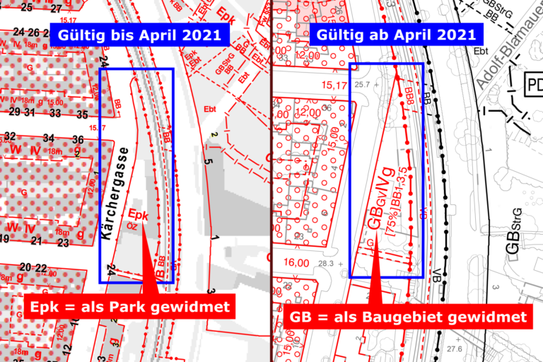 Bebauungsplan, Fasanviertel, Kärchergasse, vor und nach der Umwidmung