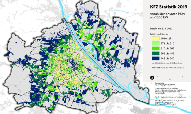 Kfz-Statistik, Wien, Karte, Anzahl der privaten PKW pro 1000 EW