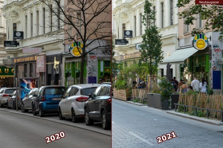 Neubaugasse vor und nach der Umgestaltung zur Begegnungszone, Autos, Bäume