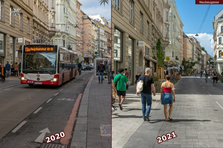 Neubaugasse vor und nach der Umgestaltung zur Begegnungszone, 13A (Bus), Fußgänger