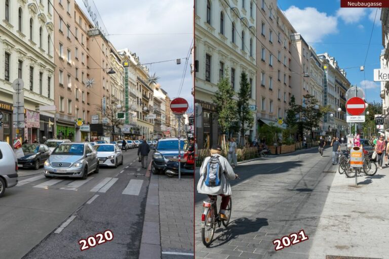 Neubaugasse vor und nach der Umgestaltung zur Begegnungszone, bei der Lindengasse