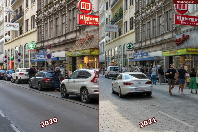 Neubaugasse vor und nach der Umgestaltung zur Begegnungszone, Hintermayer, Spar