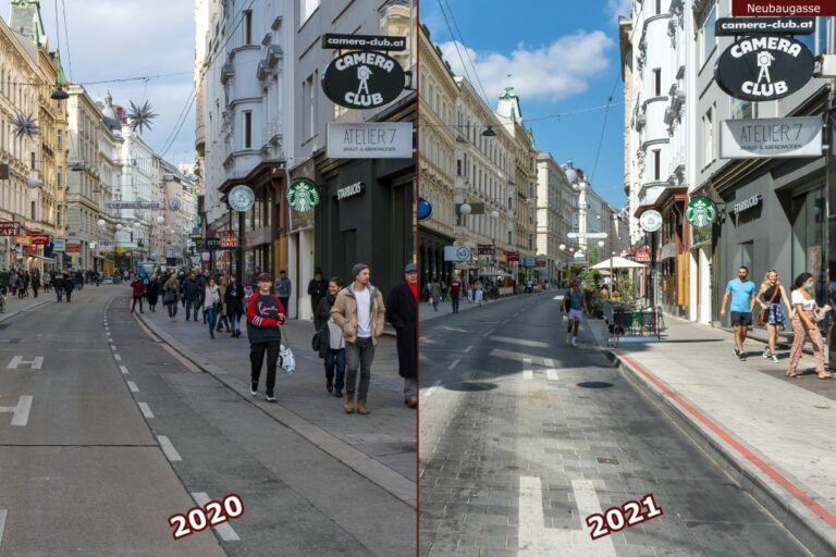 Neubaugasse vor und nach der Umgestaltung zur Begegnungszone, Camera Club, Atelier 7, Starbucks, nahe Mariahilfer Straße