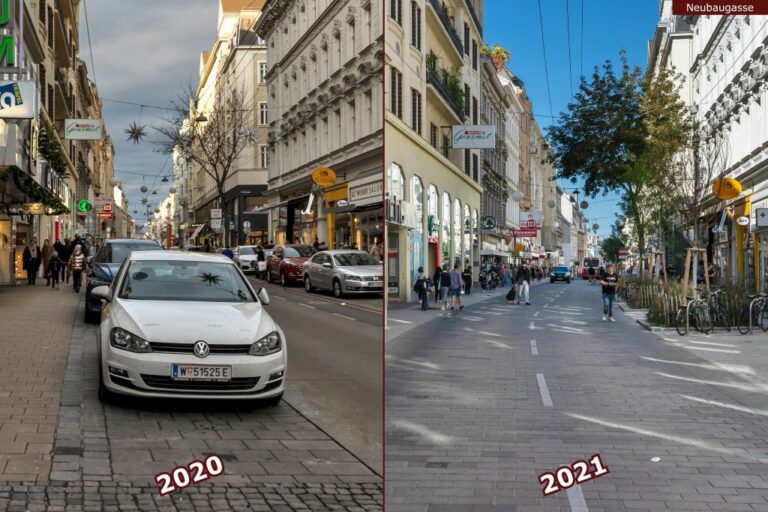 Neubaugasse vor und nach der Umgestaltung zur Begegnungszone