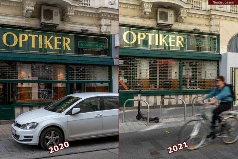 Neubaugasse vor und nach der Umgestaltung zur Begegnungszone, Auto, Radfahrer, Optiker