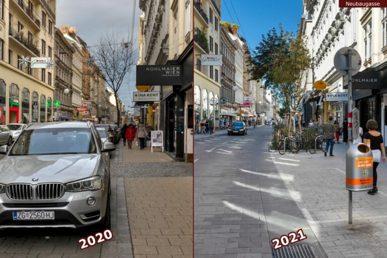 Neubaugasse vor und nach der Umgestaltung zur Begegnungszone, Kohlmaier Wien, Spar Gourmet, Mistkübel, Autos, Fußgänger