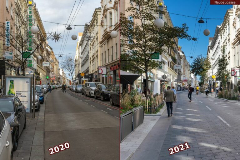 Neubaugasse vor und nach der Umgestaltung zur Begegnungszone, parkende Autos, Fußgänger, Bäume, Geschäfte