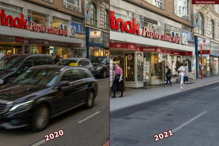 Neubaugasse vor und nach der Umgestaltung zur Begegnungszone, Mastnak, "Papier sind wir"