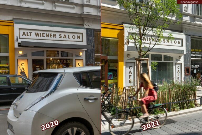 Neubaugasse vor und nach der Umgestaltung zur Begegnungszone, Alt Wiener Salon, Café, Autos, Radfahrerin, neuer Baum