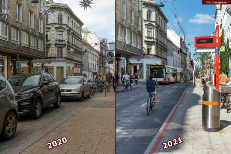 Neubaugasse vor und nach der Umgestaltung zur Begegnungszone, parkende Autos, Haltestelle 13A, fahrender Bus, Radfahrer, Westbahnstraße