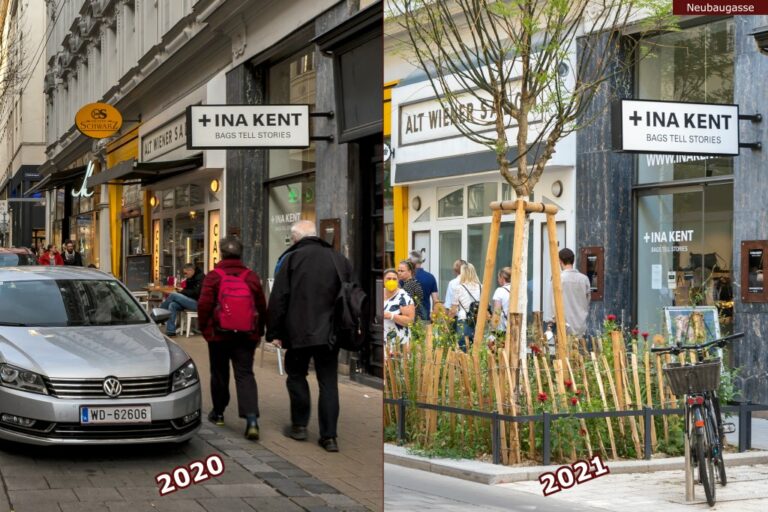 Neubaugasse vor und nach der Umgestaltung zur Begegnungszone, Bäckerei Schwarz, Ina Kent