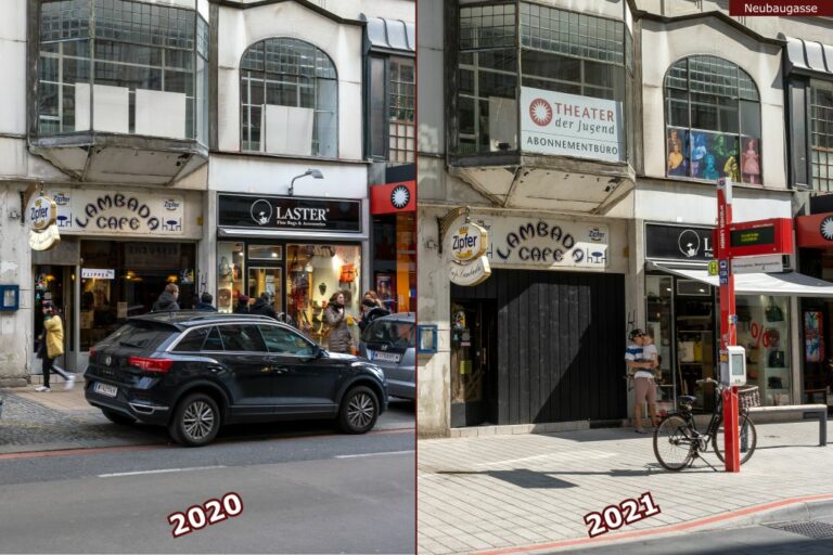 Neubaugasse vor und nach der Umgestaltung zur Begegnungszone, Lambada Café. Laster, Theater der Jugend Abonnementbüro, Bushaltestelle