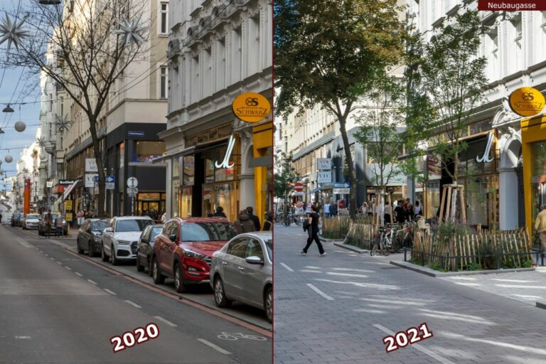 Neubaugasse vor und nach der Umgestaltung zur Begegnungszone, Bäckerei Schwarz, Autos, neue Bäume, Pflasterung