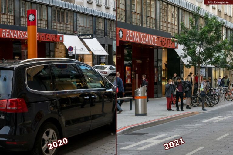 Neubaugasse vor und nach der Umgestaltung zur Begegnungszone, Renaissance Theater