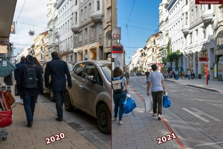 Neubaugasse vor und nach der Umgestaltung zur Begegnungszone, Passanten, parkende Autos, Haltestelle 13A