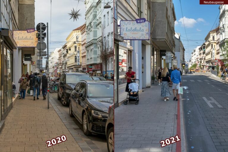 Neubaugasse vor und nach der Umgestaltung zur Begegnungszone, lalekula