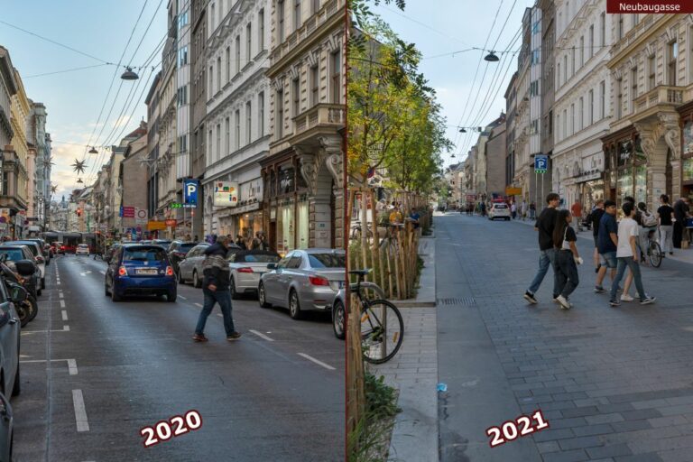 Neubaugasse vor und nach der Umgestaltung zur Begegnungszone, Autos, Fußgänger