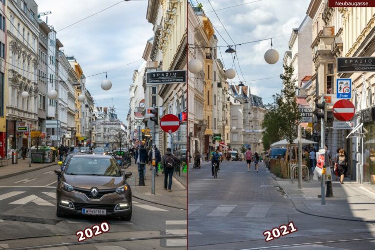 Neubaugasse vor und nach der Umgestaltung zur Begegnungszone, Auto, Gleise, Fußgänger