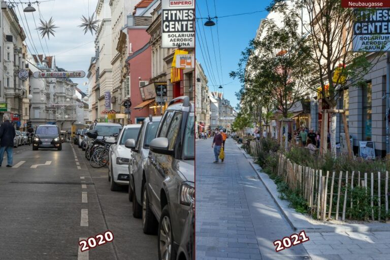 Neubaugasse vor und nach der Umgestaltung zur Begegnungszone, Autos, Fußgänger, neue Bäume, Geschäfte