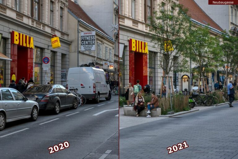 Neubaugasse vor und nach der Umgestaltung zur Begegnungszone, Billa. Fitness Center