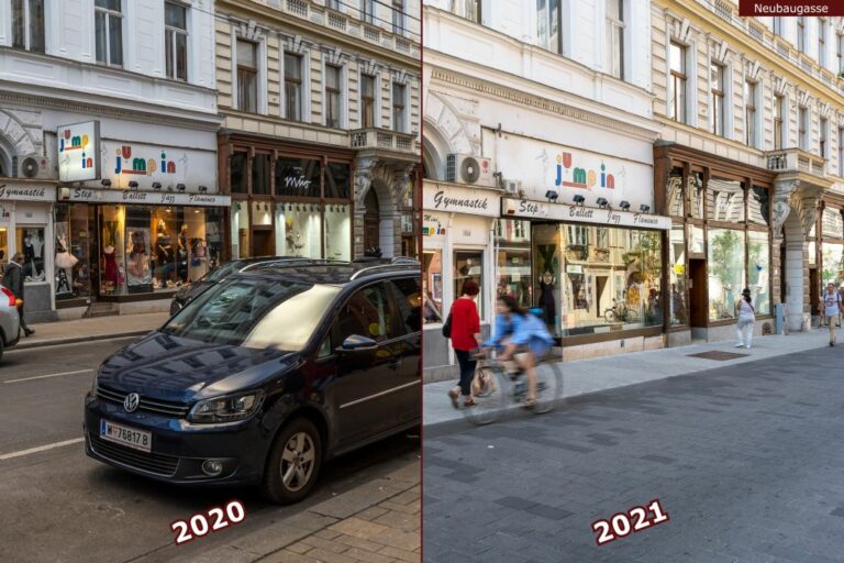 Neubaugasse vor und nach der Umgestaltung zur Begegnungszone