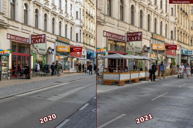 Neubaugasse vor und nach der Umgestaltung zur Begegnungszone, Bocan's Café, Radatz, Backwerk