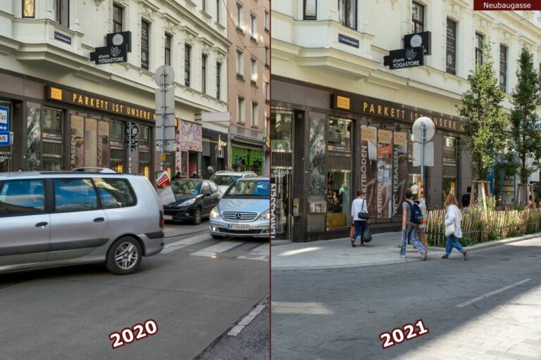 Neubaugasse vor und nach der Umgestaltung zur Begegnungszone, an der Ecke zur Lindengasse