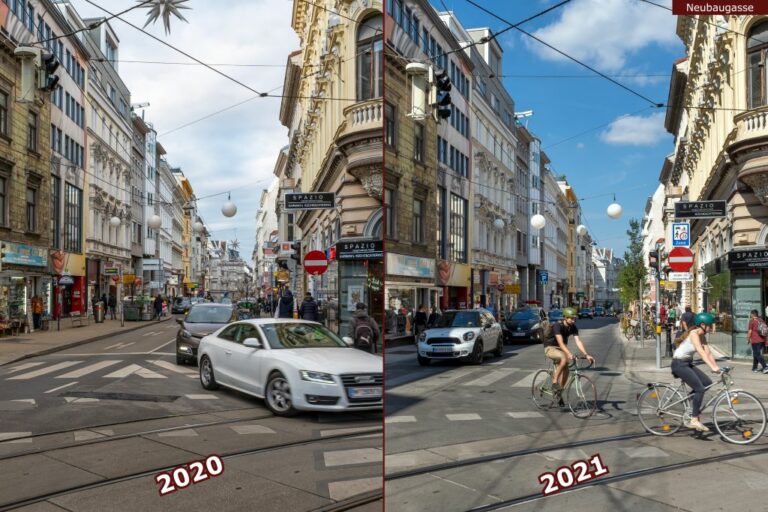 Neubaugasse vor und nach der Umgestaltung zur Begegnungszone, Autos, Radfahrer, Straßenbahngleise