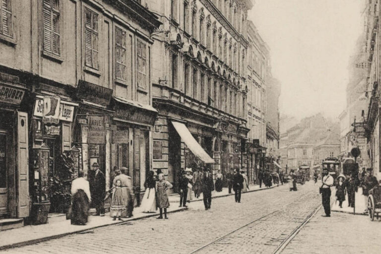 historische Aufnahme der Neubaugasse, Straßenbahngleise