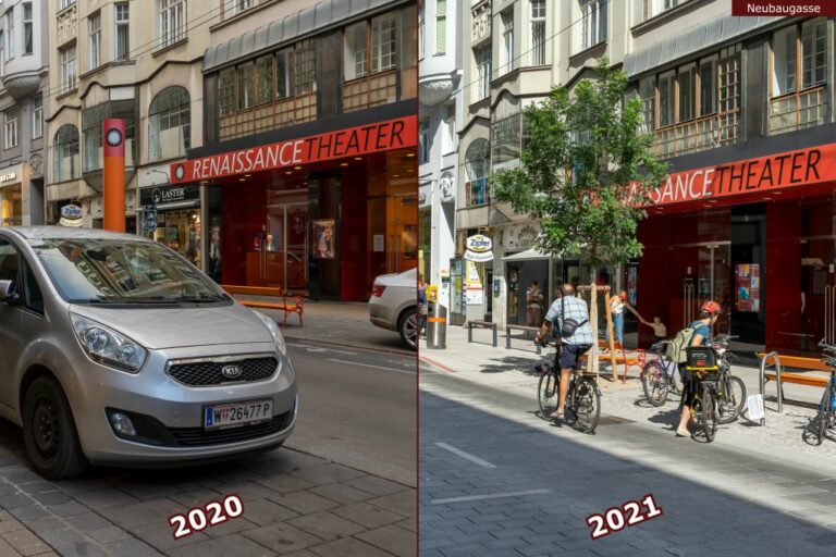 Neubaugasse vor und nach der Umgestaltung zur Begegnungszone, parkende Autos, Radfahrer, Renaissance Theater