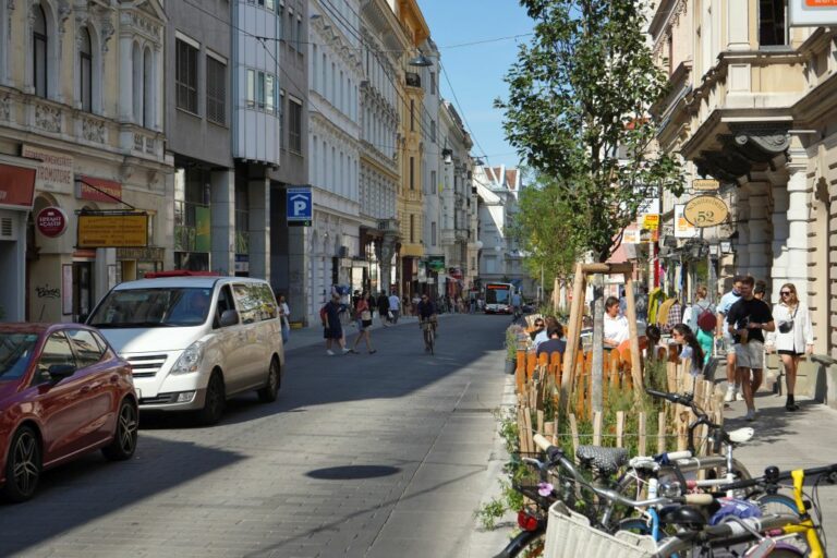 Begegnungszone Neubaugasse, Autos, Radfahrer, Räder, Bäume, Passanten