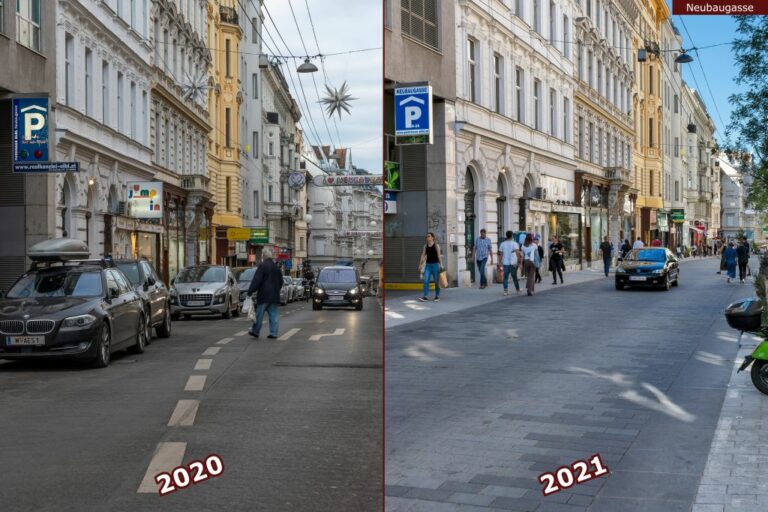 Neubaugasse vor und nach der Umgestaltung zur Begegnungszone, Autos, Fußgänger