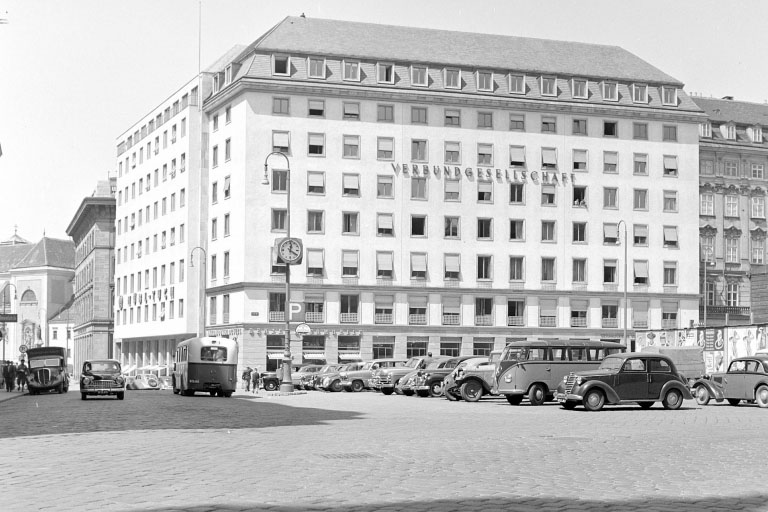 Neubau der Verbundgesellschaft in Wien, Am Hof, Heidenschuß, Freyung, Foto aus dem Jahr 1955