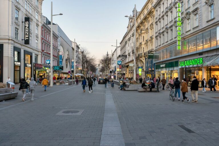 Begegnungszone in der Mariahilfer Straße, Geschäfte, Passanten, Gebäude